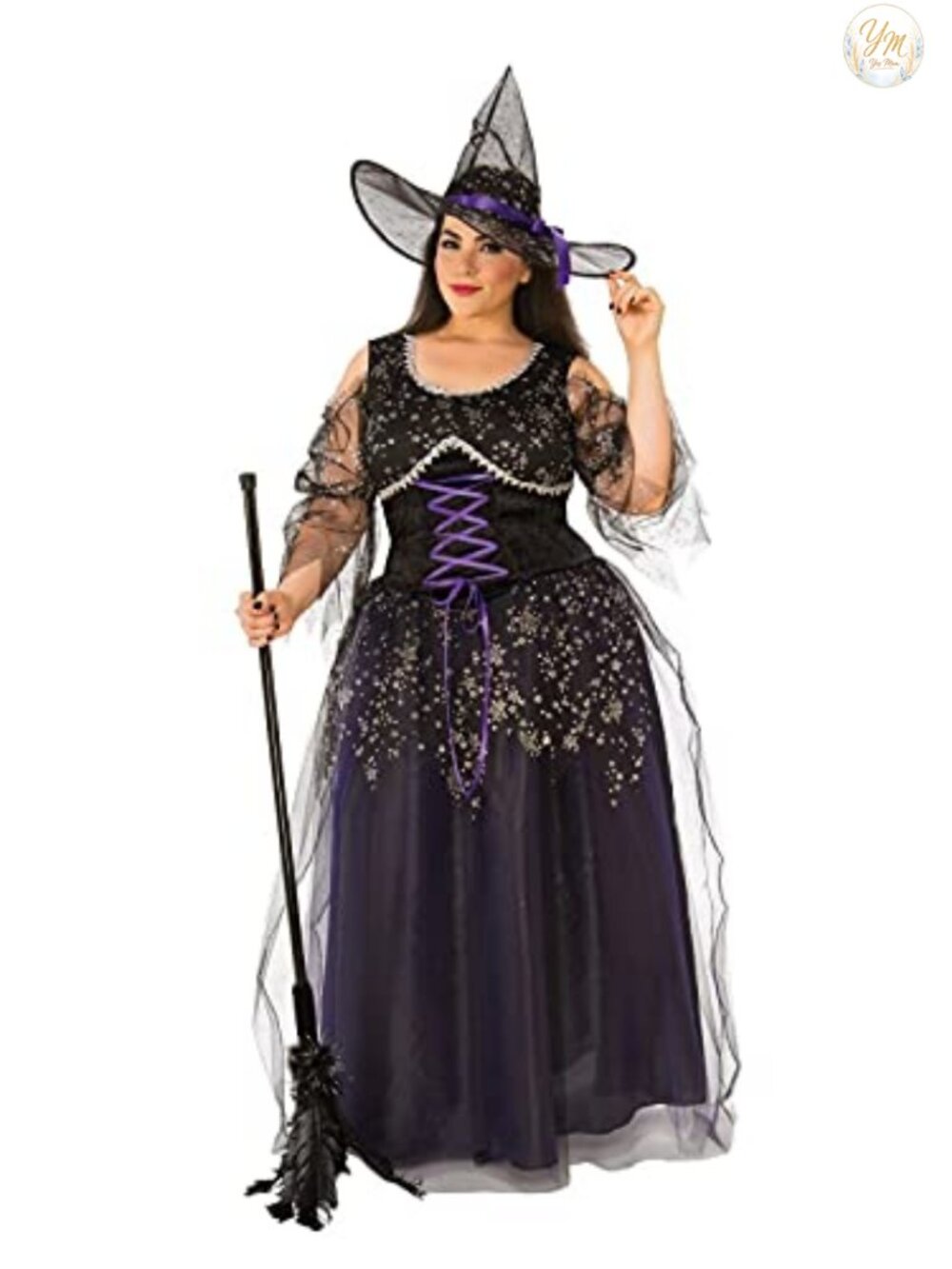 Midnight Curvy Witch Costume Dress Hat Lace-Up Bodice Silver Star Plus Size
